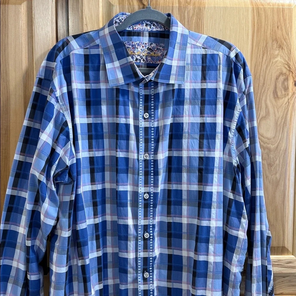 Robert Graham Blue White Plaid Button Down Cuff and Collar Accents Shirt 2 XLT